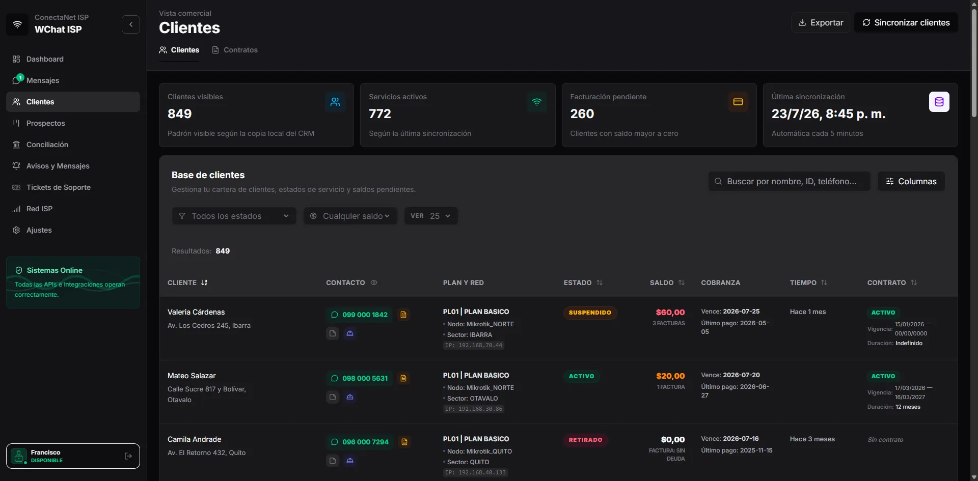 Listado de abonados de MikroWisp dentro de W-Chat, con estado del servicio, saldo y filtros por sector y facturas adeudadas
